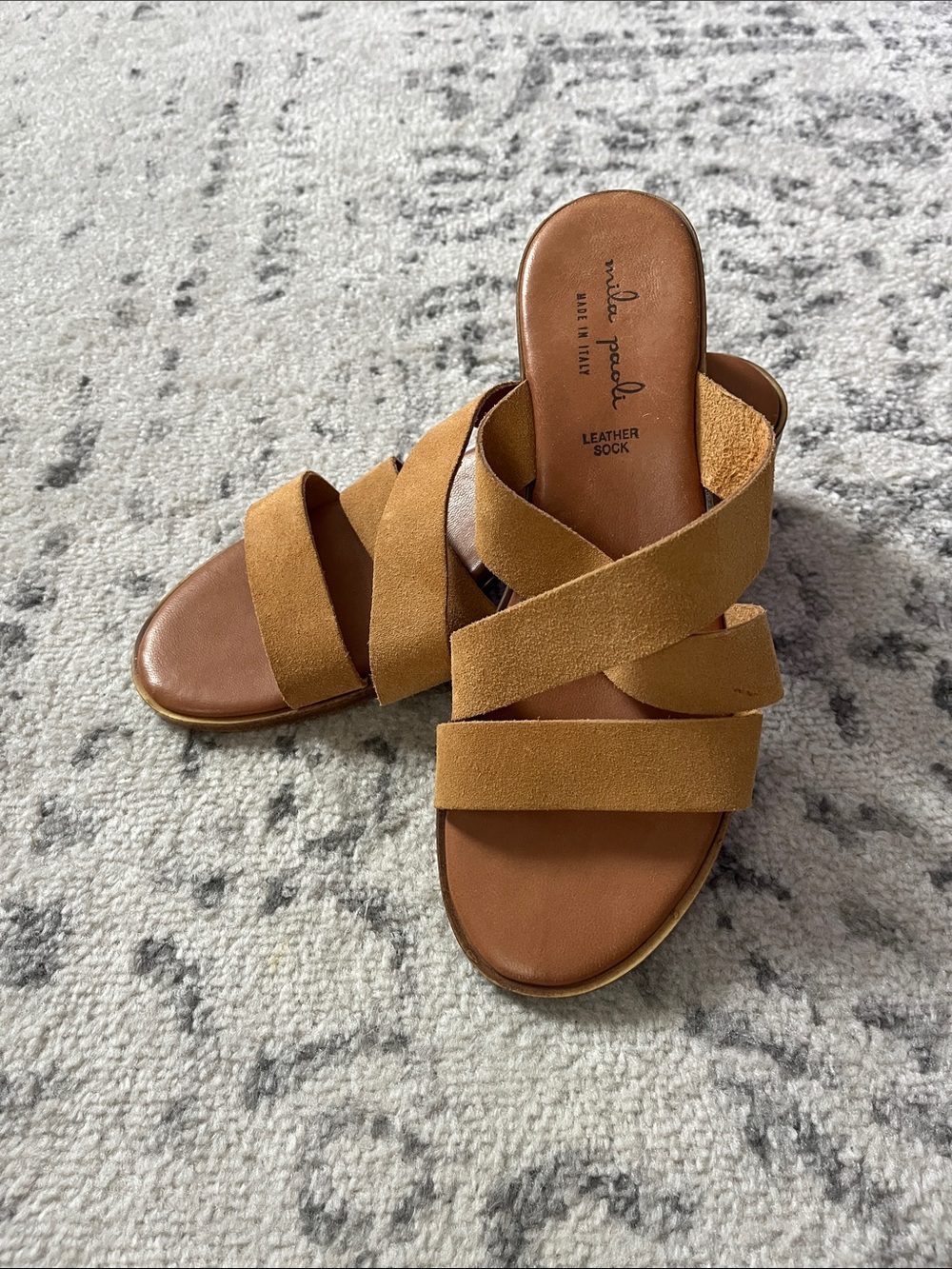 Mila Paoli Tan Suede Crisscross Slide Sandals